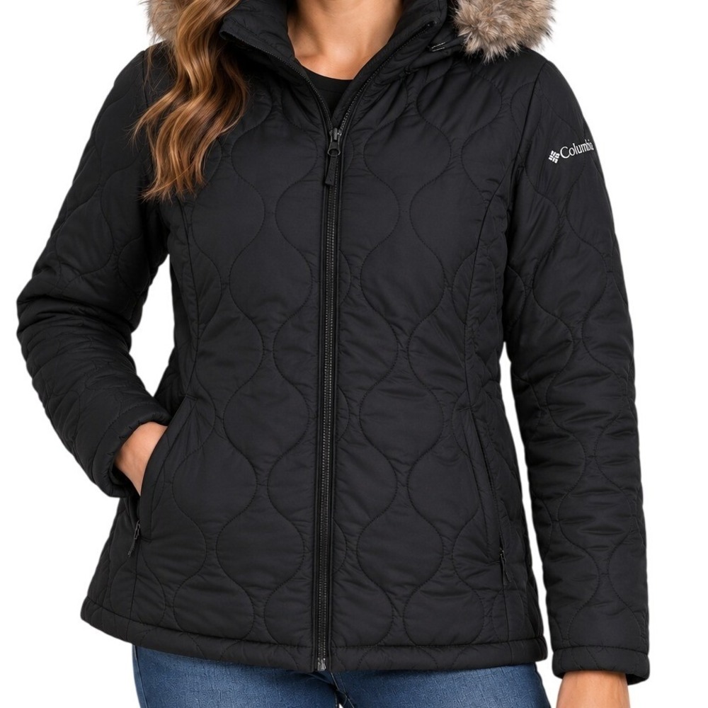 Columbia Black Onion Quilted Omni-Heat Hooded Faux Fur Trim Jacket Women's Large